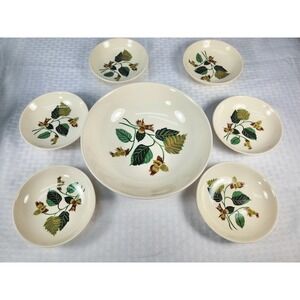 Ballerina China Hazelnut 7 Pc Set Serving Bowl + 6 Small Bowls Leaves & Nuts